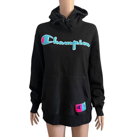 Vintage 90s Champion Reverse Weave Hoodie Mens Medium Black Fuzzy Logo - Picture 1 of 12